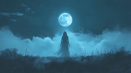 A ghostly apparition of a woman shrouded in a cloudy ectoplasmic mist hovering in the moonlight. Phantom. Illustration