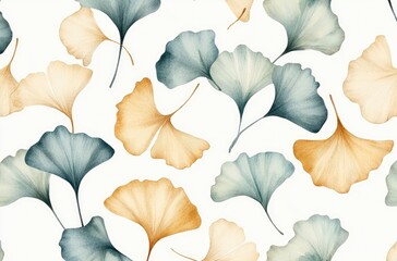 A seamless pattern with watercolor ginkgo leaves in soft beige, gold, and green on an off-white background