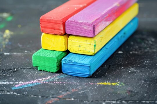 Colorful wooden blocks arranged on a black chalkboard with scattered chalk dust in a creative workspace