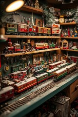 Santa&rsquo;s workshop with a row of toy trains being painted. The background shows tools and supplies organized on a shelf, Generative AI
