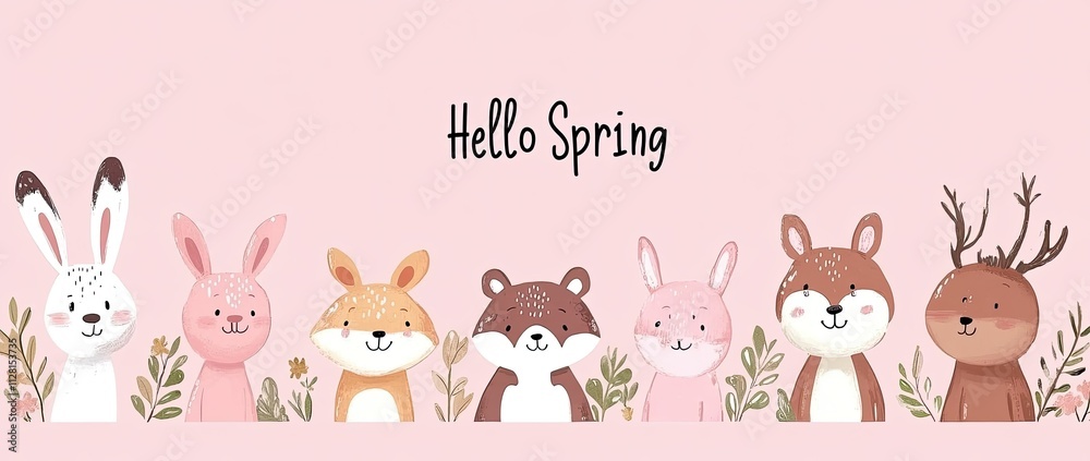 Wall mural Cute cartoon bear, rabbit, and deer with the text 