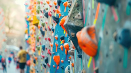 Fototapeta premium Vague shapes of climbers conquering various routes on a diffused background of climbing holds