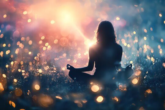 A person practicing deep breathing meditation, surrounded by soft, glowing lights, with their mind represented as clear and focused within a peaceful landscape.