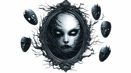A spooky cursed mirror, surrounded by floating halloween party masks, detailed vector art, creepy and mysterious, isolated on white background. Phantom. Illustration
