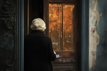 Elder woman looks sadly out the door.