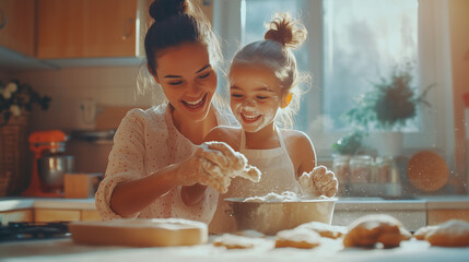 Happy young girl with her mother making biscuits.