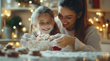 Happy young girl with her mother making biscuits.