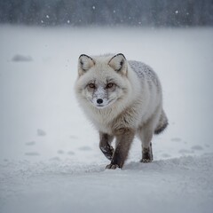 Fototapeta premium An arctic fox walking through a snowy expanse, leaving delicate paw prints.