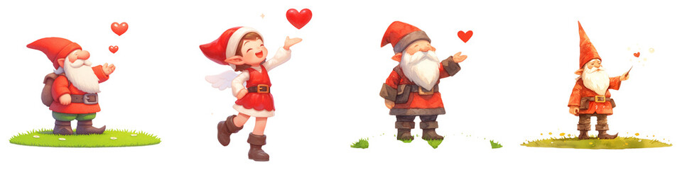 Obraz premium Gnome and Cupid Wings concept on transportation background. Four whimsical gnomes and an angel spread love with hearts in a charming illustration.