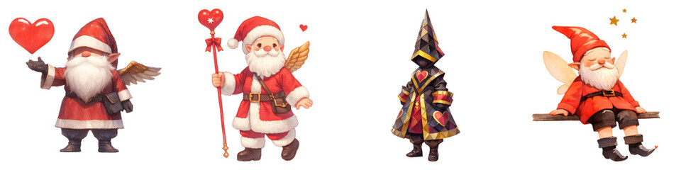 Gnome and Cupid Wings concept on transportation background. Four whimsical Santa characters celebrating Christmas with festive themes and playful accessories.