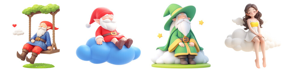 Gnome and Cupid Wings concept on transportation background. Colorful figurines of gnomes and a fairy sitting on clouds, evoking a whimsical atmosphere.