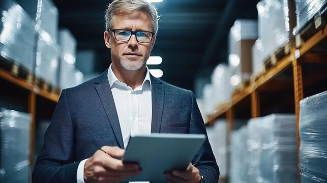 A confident businessman analyzes data on a tablet in a warehouse setting, showcasing modern logistics and management.
