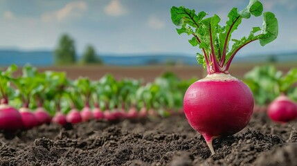 A vibrant radish grows in fertile soil, surrounded by lush greenery under a clear blue sky. A symbol of fresh produce and farming.