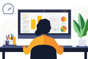 A person sitting at a desk in front of a computer, using financial software to manage personal finances, with graphs and pie charts displayed on the screen.