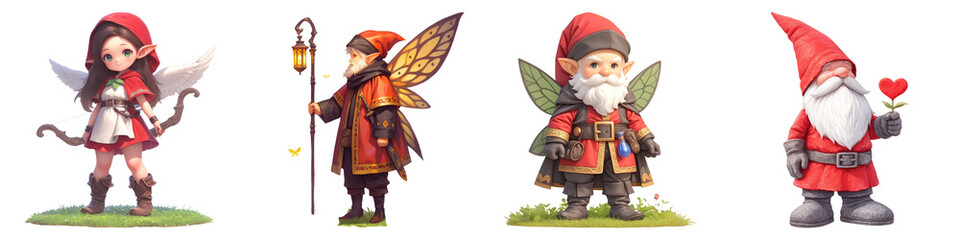 Gnome and Cupid Wings concept on transportation background. Four whimsical characters, including gnomes and a fairy, adorned in vibrant costumes.