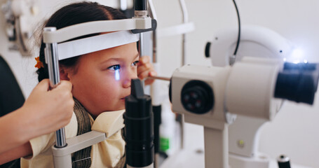 Machine, doctor or kid in eye exam at optometry clinic for eyewear, retina health or sight...