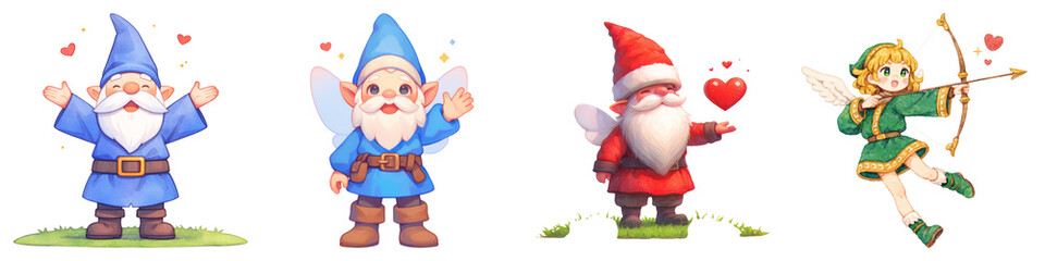 Gnome and Cupid Wings concept on transportation background. Four whimsical characters, including gnomes and a fairy, sharing joy and love in a colorful design.