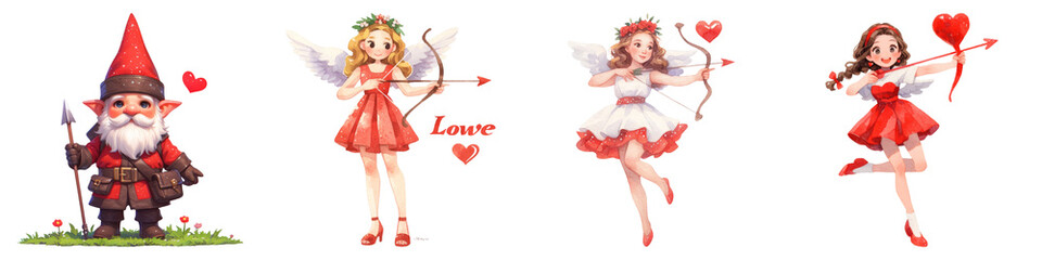 Gnome and Cupid Wings concept on transportation background. Whimsical characters, including a gnome and fairies, celebrate love with hearts and instruments.