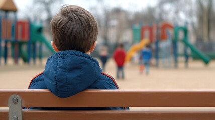 Fototapeta premium Social isolation in children concept. A child sits on a bench, observing a playground filled with kids playing in the background.