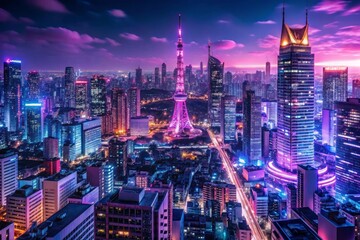 Obraz premium tokyo city skyline illuminated at night showcasing an animeinspired drawing with vibrant magenta and purple neon lights embodying the bustling energy of the metropolis