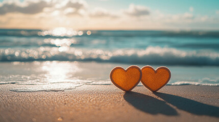 Fototapeta premium Heart-shaped decorations on the beach at sunset during Valentine's Day celebration