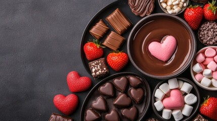 Decadent chocolate fondue served with fresh strawberries fluffy marshmallows and delightful heart shaped treats