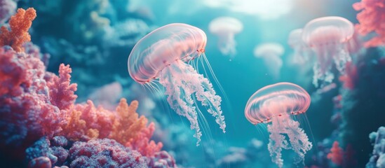 Naklejka premium Pink jellyfish swim gracefully near vibrant coral reef in a serene underwater scene.