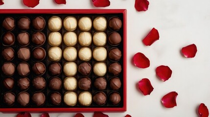 Artisan chocolates meticulously arranged in a vibrant red tray surrounded by delicate rose petals creating a visually stunning and festive presentation  The rich