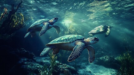 sea turtles on the island. beautiful shooting angle. underwater beauty.