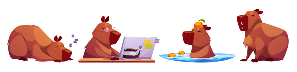 Cute capybara character set showing daily activities - sleeping, working on laptop with coffee, swimming in water with oranges, sitting. Brown chubby rodents with expressive muzzles of different moods