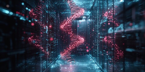 Futuristic DNA Data Transforming into Medical Treatments in a Server Room