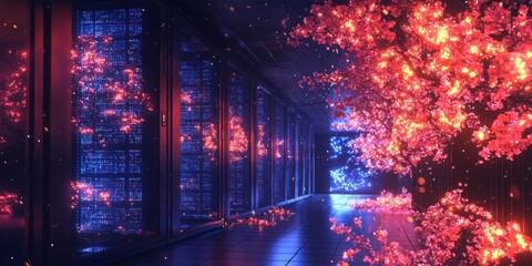 Naklejka premium Futuristic Server Room with Glowing Sakura Blossoms