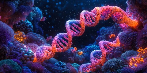 Fototapeta premium Glowing DNA Helix in Vibrant Deep Sea Coral Reef