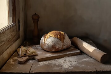 A rustic European kitchen with a loaf of freshly baked artisan bread made from wheat flour, placed on a wooden board with a scattering of flour and a rolling pin nearby.