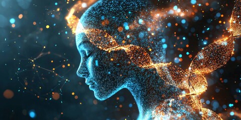 AI Genomics Data Analysis Abstract Human Face in Particle System