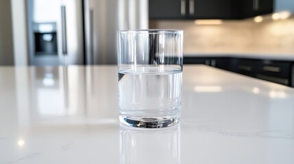 Refreshing glass of water on kitchen counter modern home still life photography bright environment close-up view hydration concept