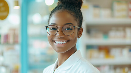 Fototapeta premium A smiling Black female pharmacy professional with glasses and hair tied in a bun, dressed in a crisp white uniform, standing inside a bright pharmacy.