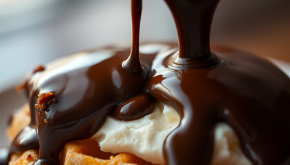 Chocolate sauce pouring over ice cream and waffles.