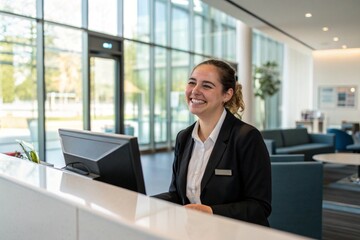 Smiling receptionist welcoming visitors at a modern company lobby