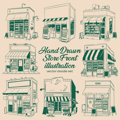 Hand drawn vector grocery store front illustration.