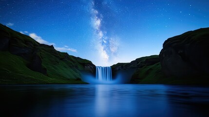 Majestic waterfall under starry sky seljalandsfoss nature photography iceland nighttime serenity and beauty