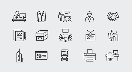 Office icons. Set of 15 office trendy minimal icons. Example: desk, suit, presentation, office chair, computer icon. Design signs for web page, mobile app, packaging design. Vector illustration.