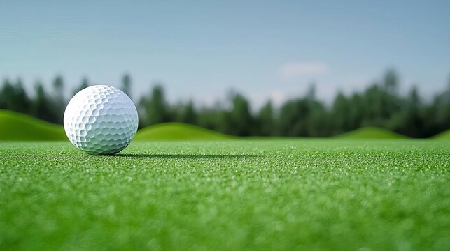 A close-up of a golf ball resting on lush green grass with soft rolling hills in the background under a clear blue sky.