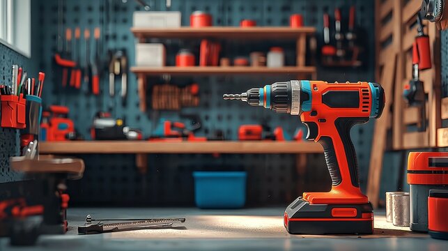 A close-up view of a battery-powered drill in an organized workshop, showcasing various tools and a well-maintained workspace.
