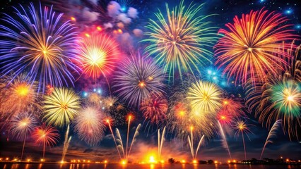 Spectacular drone footage captures vibrant fireworks exploding over a festive New Year's celebration.