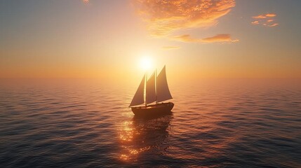 A serene sunset view with a sailing boat gliding across calm waters, creating a picturesque scene of tranquility and adventure.
