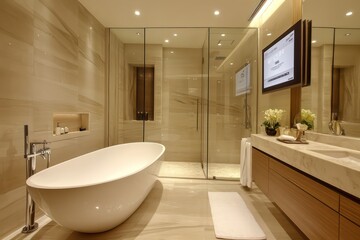 A stylish bathroom with a freestanding bathtub, rain shower, smart mirrors with digital displays, and minimalistic decor, featuring neutral tones and marble finishes.