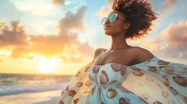 A young Black woman in a flowing summer dress with shell-patterned fabric, sunglasses, and a serene sandy beach in the warm background light. - Powered by Adobe