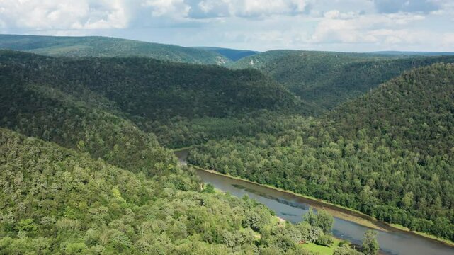 The Southern Urals, the Zilim River In the mountain gorge. Aerial view.