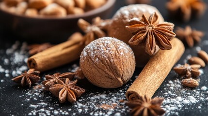 Exploring the rich textures and aromas of spices and nuts arranged artistically on a dark surface